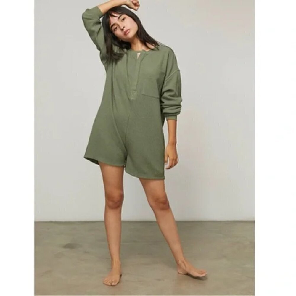 LUNYA Restore Thermal Long Sleeve Romper in Humble Green Heather Size Large NWT